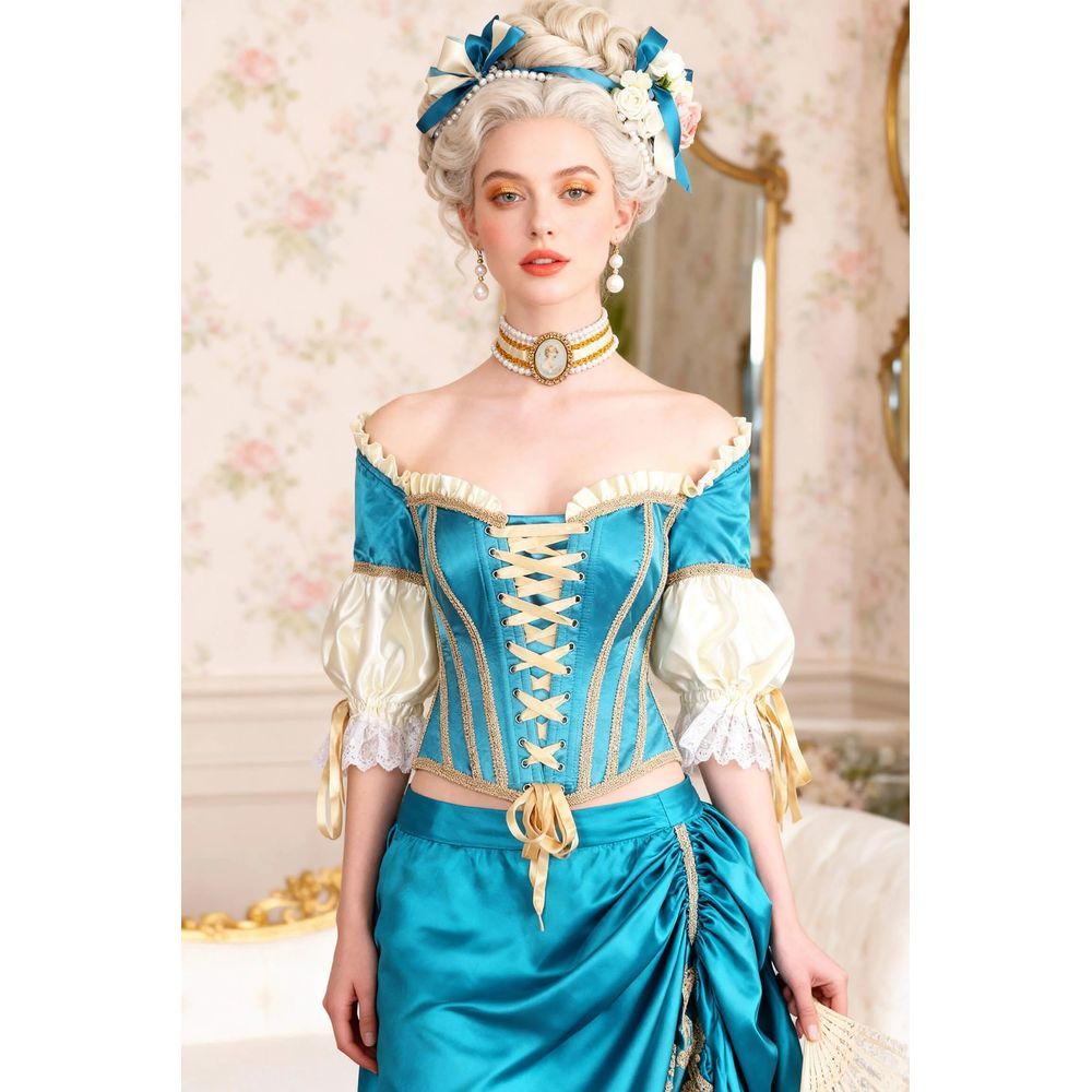 Attitude Corsets - Kesha Rococo Empress Vollbrust Korsett - Blau/Goldfarben